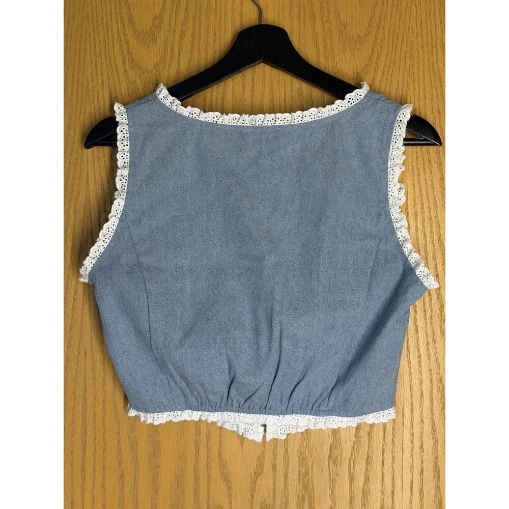 Denim Blue Corset Vest Top Hook Front Eyelet Lace Trim Coquette Cottagecore NWT - Picture 2 of 8
